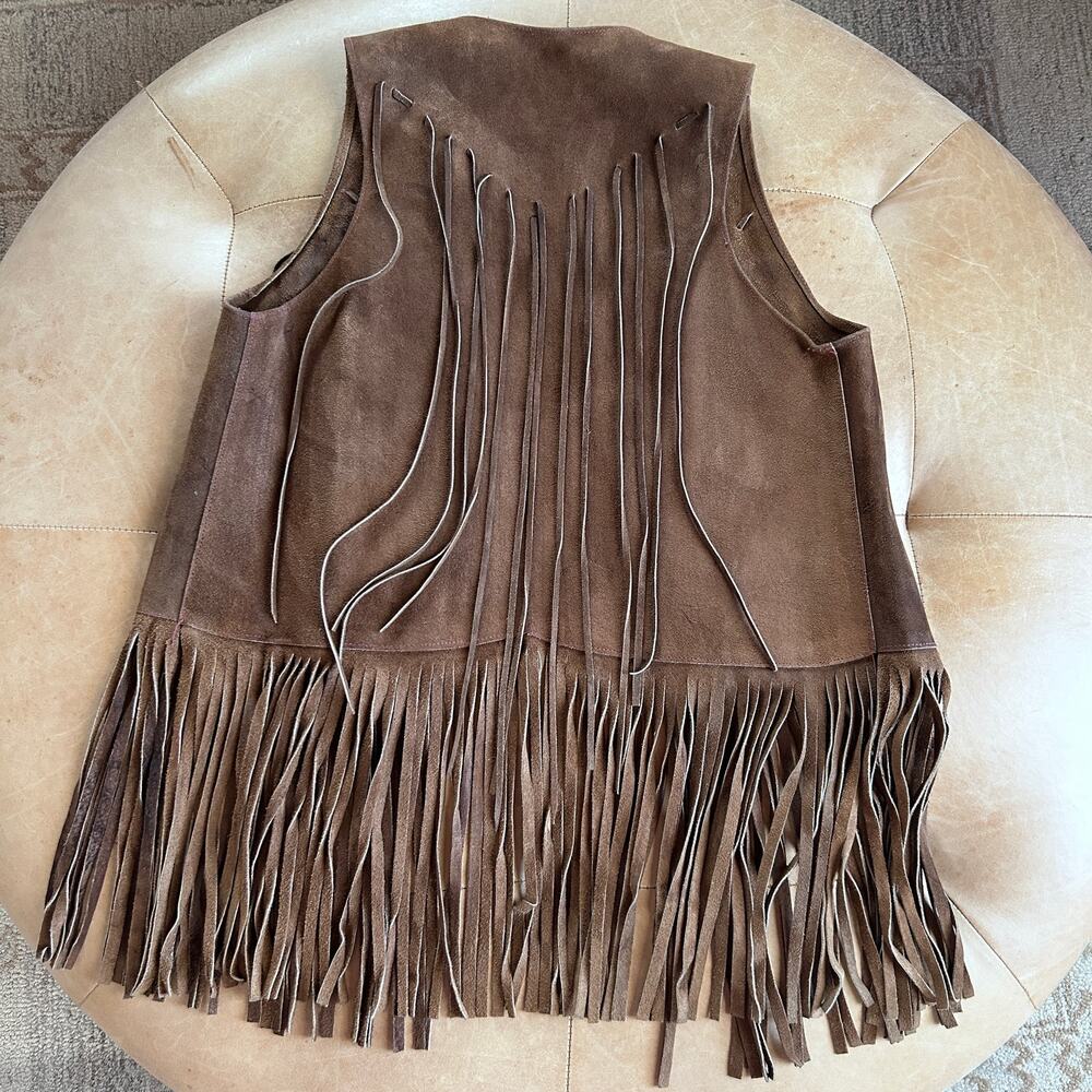 70s genuine suede fringe vest brown western festival boho vintage women M L - Picture 2 of 13